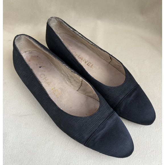 Chanel Ballet Flats Ballerina 37.5 Black Satin Denim Leather Cap Toe - Picture 10 of 11
